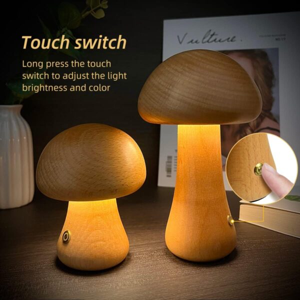 Wooden Cute Mushroom LED Night Light With Touch Switch Bedside Table