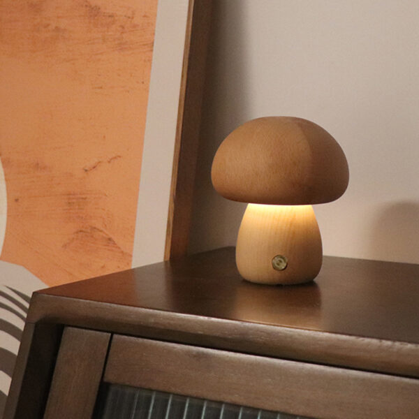 Wooden Cute Mushroom LED Night Light With Touch Switch Bedside Table